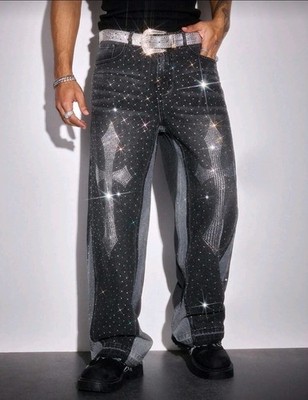 New Men Luxury Jeans Diamond Cross Rhinestones Black Denim Trousers High Quality