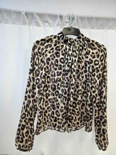 ? New Look Brown Black Animal Print Style Long Sleeve High Neck Top Size 10 Vgc
