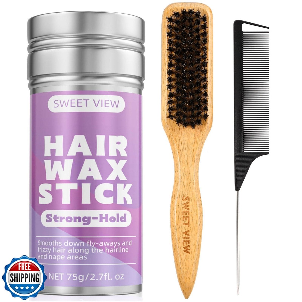 SWEET VIEW Boar Bristle Slick Back Hair Brush and Hair Wax Stick for Smooth  F