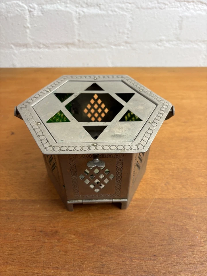 Antik 8-eckig ART DECO Stövchen Rechaud Teewärmer Metall grünes Glas 30er Stern  - Bild 2 von 4