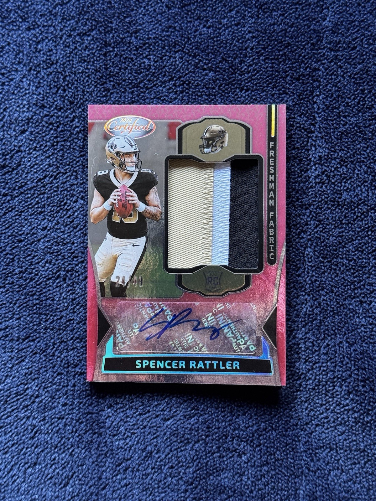 2024 Panini Certified, Freshman Fabric- Spencer Rattler Pink Auto Tri-Color /49