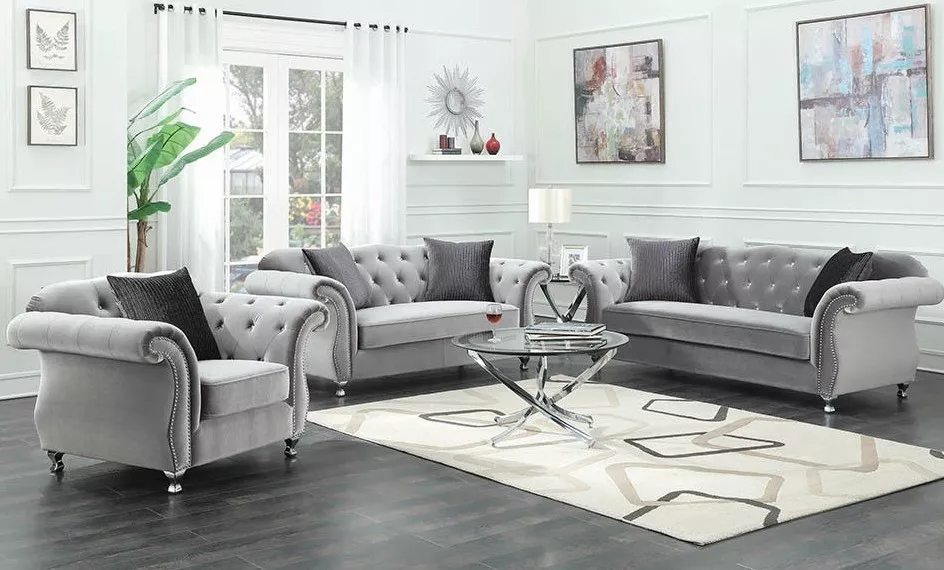 Coaster 551161 S3 Frostine 3 Piece Sofa Set Loveseat Chair Couch Gray Velvet