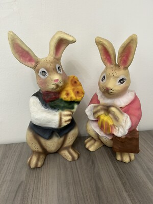 Papier-mâché hand painted bunny Mr. & Mrs. Rabbit 15  Easter Spring Read