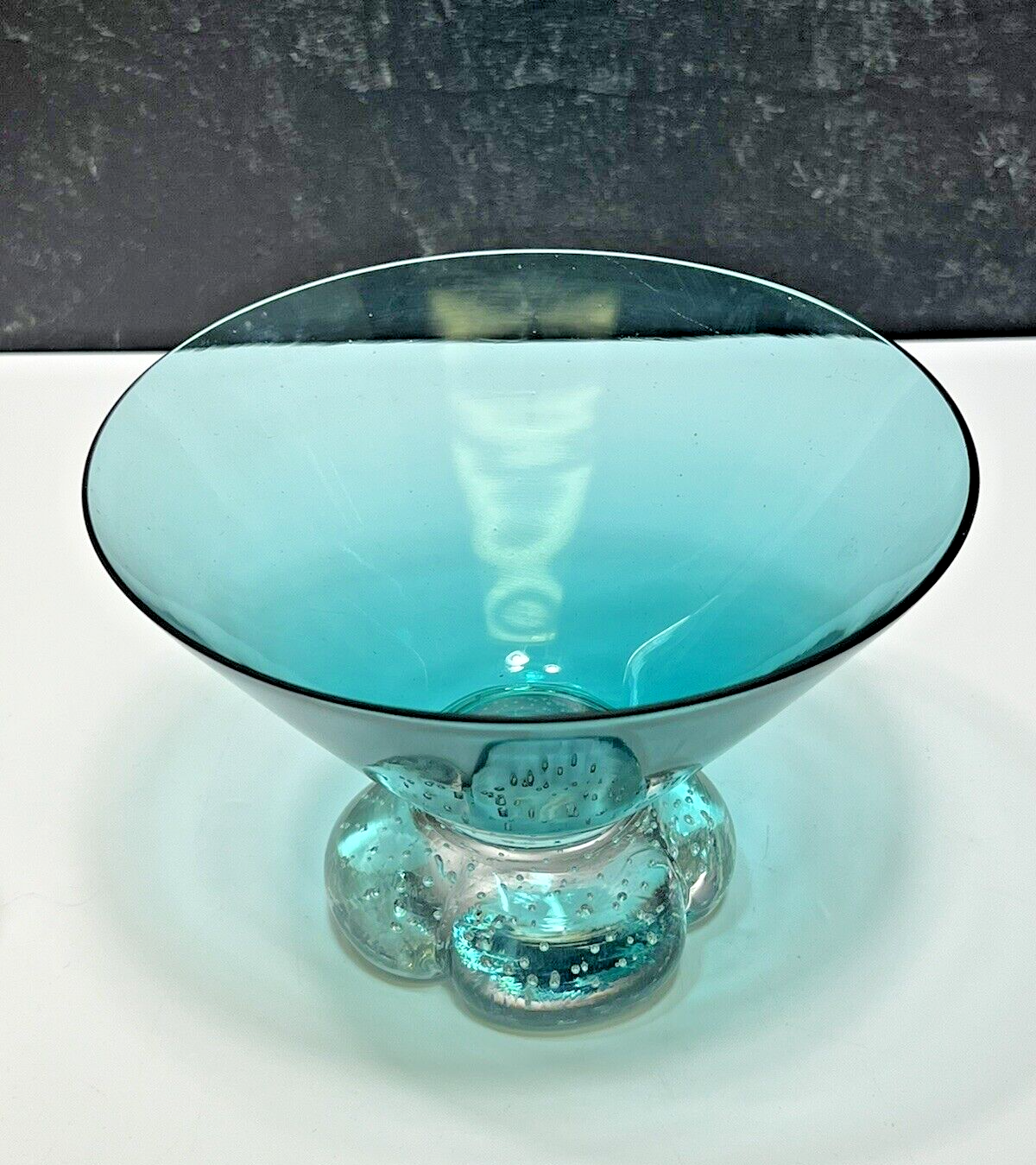 Teal Art Glass Pedestal Bowl with 4 Lobed Bubble Foot Mid Century Modern-image
