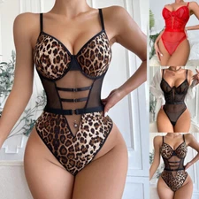 Women Sexy Bodysuit Leopard Mesh See-through Babydoll Nightwear Lingerie Leotard