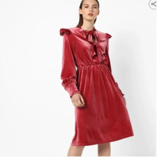 Oeuvre Stretchy  Bohemian Velvet Dress with Tie-Up Neckline Sz S Dusty Pink