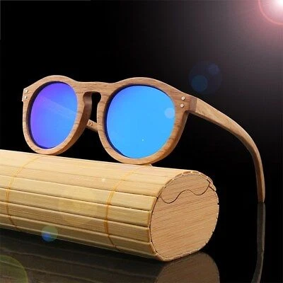 Retro Round Bamboo Wood Sunglasses Men Women's Wooden Polarized Glasses Box  Case