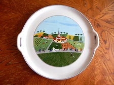 VILLEROY & BOCH NAIF 12" ROUND CAKE PLATE WITH HANDLES WEDDING SCENE
