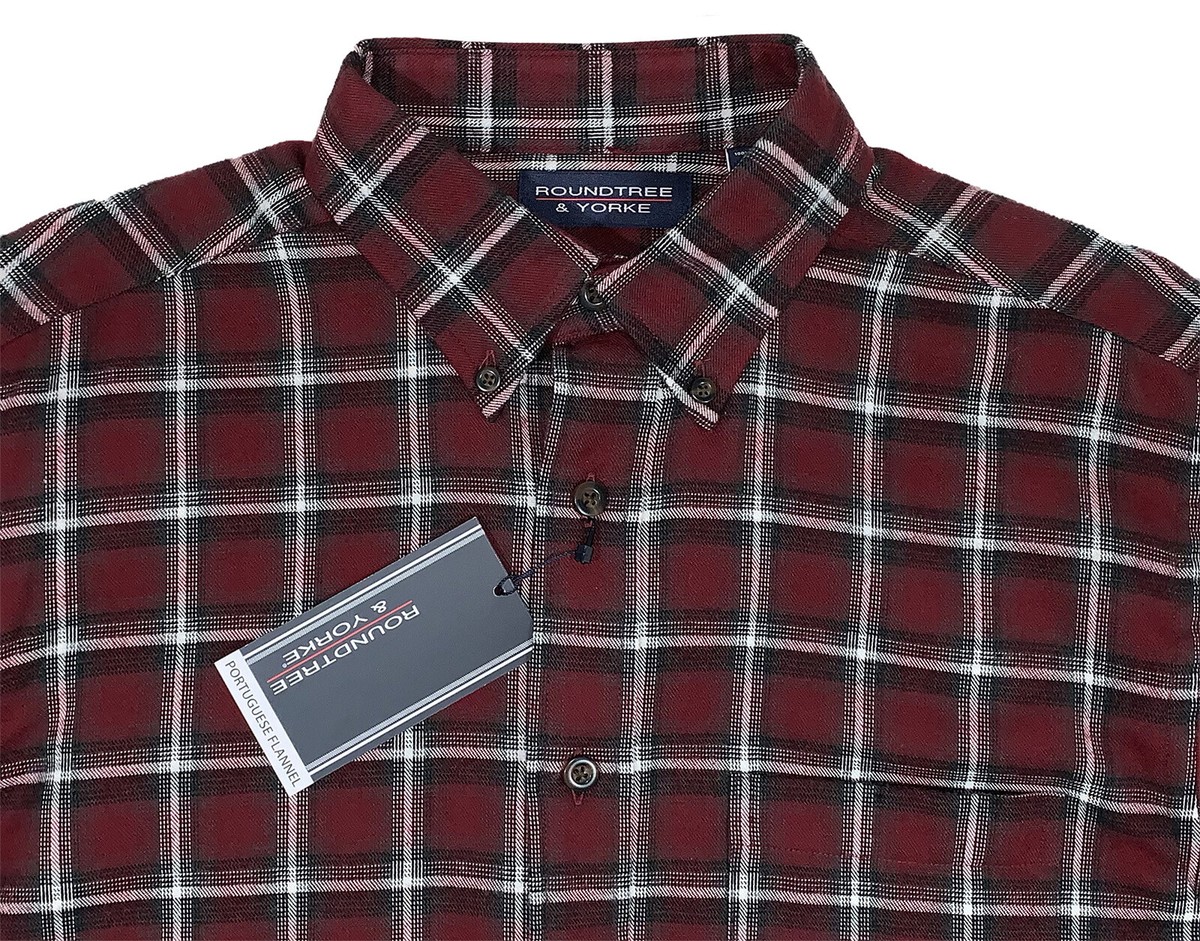 Men's ROUNDTREE YORKE Red Gray Plaid Portuguese Flannel Shirt XL