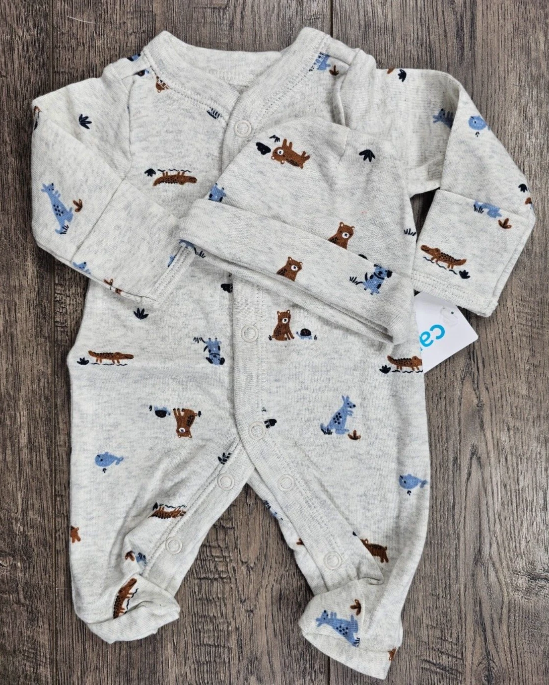 Baby Boy Clothes New Carter's Preemie 2pc Animals Footed Outfit & Hat