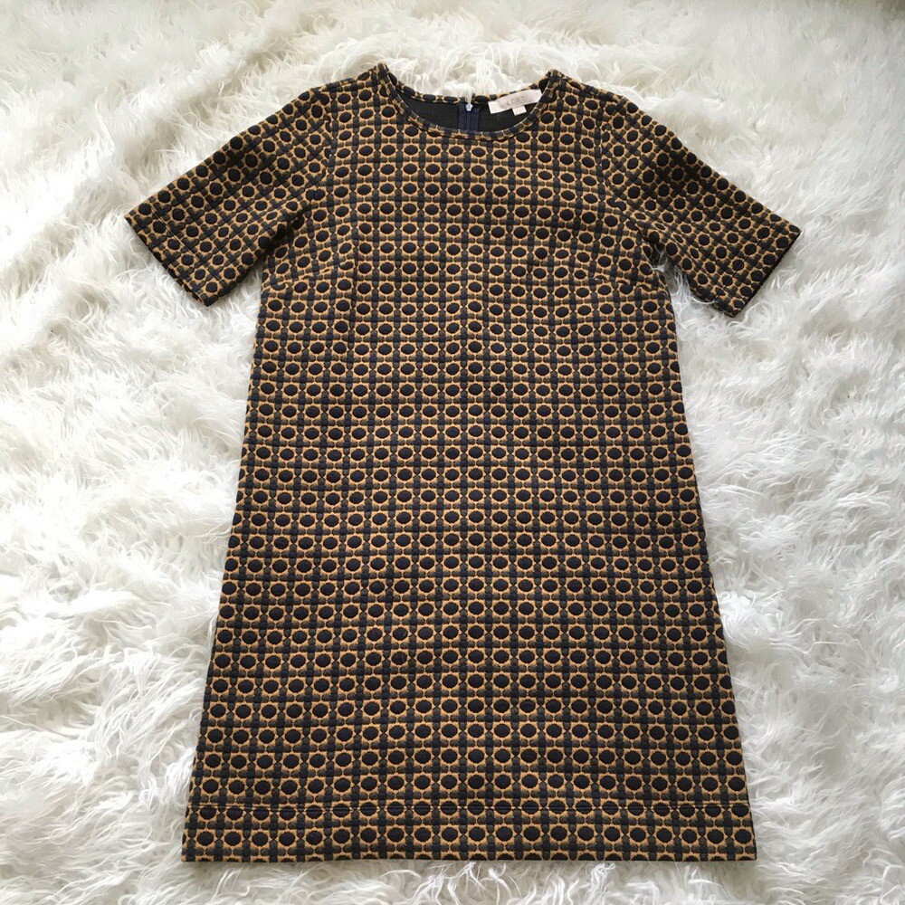 Loft Geometric Pattern Gold-Navy Shift Dress - image 1