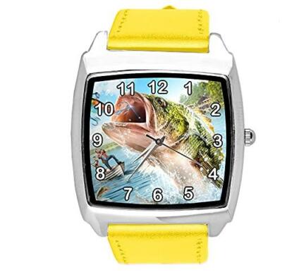 Gelbe Leder Quarz quadratische Uhr für Angelfans E2
