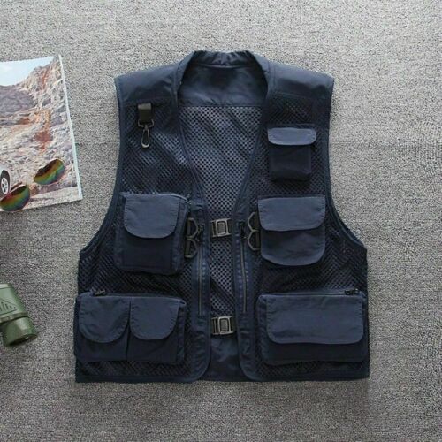 Hommes Multi Poche Maille Gilet Extérieur Camping Pêche Photographie Gilet - Photo 2/18