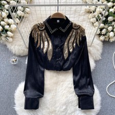 Women Velvet Sequins Blouse Tops Shirts Embroidered Shinyl Retro Luxurious