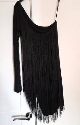 Mango MNG schwarz Quaste Fransen Schimmer One-Shoulder-Minikleid UK 10 neu mit Etikett