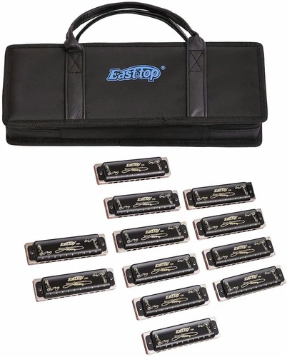 EASTTOP 10Holes Diatonic Blue Harmonica Set of 12 Harp Mouth Organ Harmonica Set