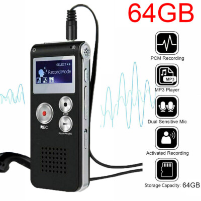 64GB Voice Recorder Mini Dictaphone MP3 Player Spy Lecture Interview Meetings