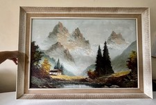 Dipinto olio alpino vintage montagne chalet scena neve anni 50 incorniciato firmato