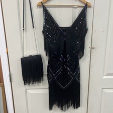 Babeyond Black Sequin Flapper Dress Fringe Beaded Bodycon Cocktail Party Size M