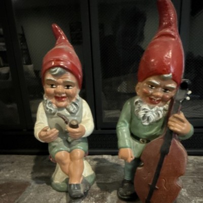 Hand-Painted Heissner Gnome Figurines Set of 2 Red Hats Upright Bass