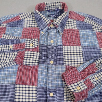 VTG Nautica Patchwork Shirt Mens L Red Blue Plaid Button Down Long Sleeve Quilt