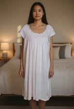 Miss Elaine Silky Knit Comfy Light Pink Cap-Sleeve Smocked Nightgown Small