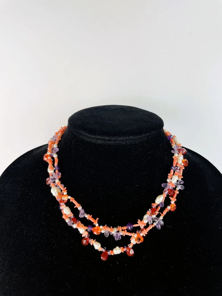 Collar artesanal vintage genuino de coral, perlas, granate, topacio de 3 hilos GP, 16,5" Foto 3 de 4