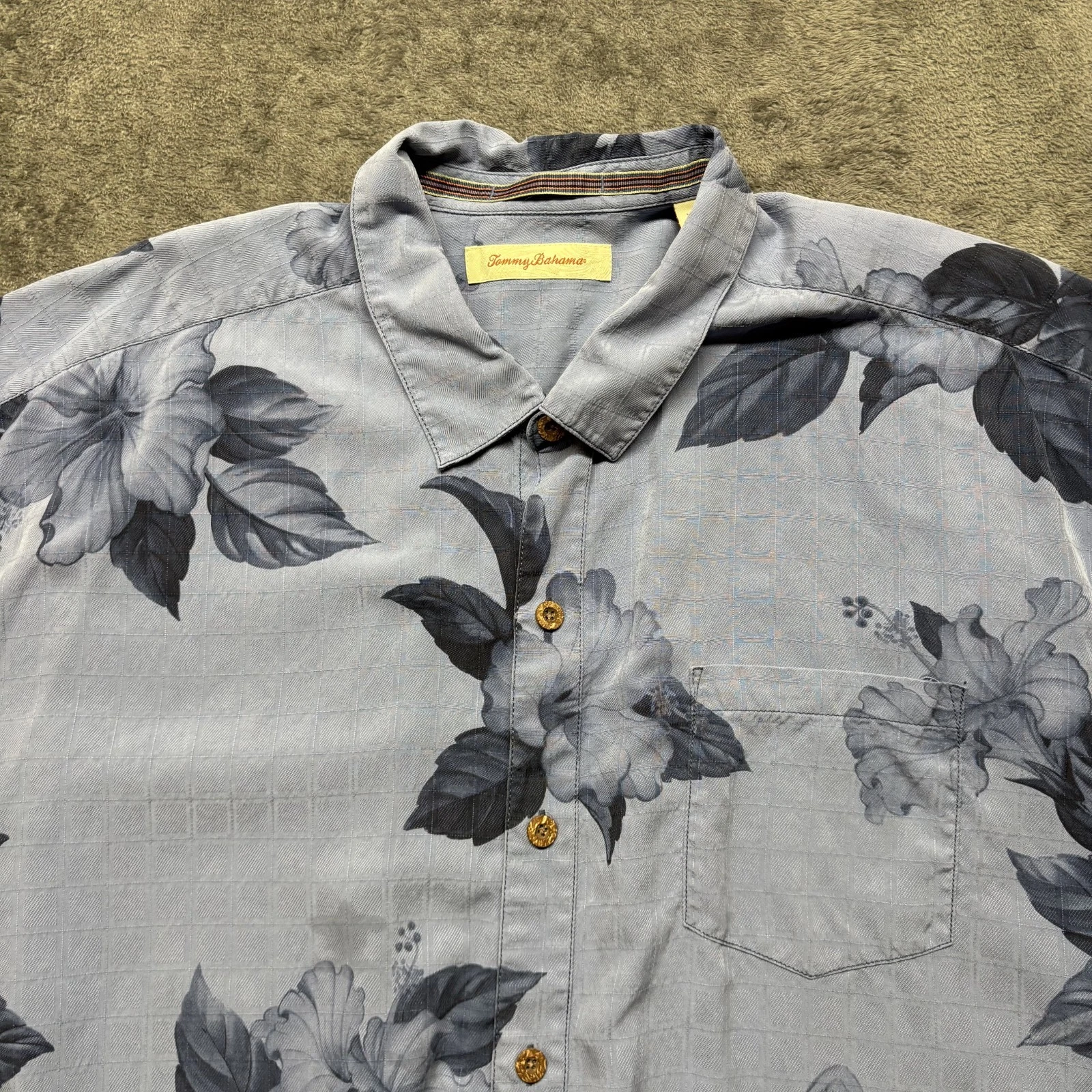 Tommy Bahama Polo Shirt Mens XXL Blue Button Up Floral Tropical Beach 100% Silk