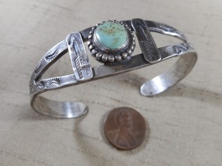 FRED HARVEY era Navajo silver & turquoise bracelet with arrow designs