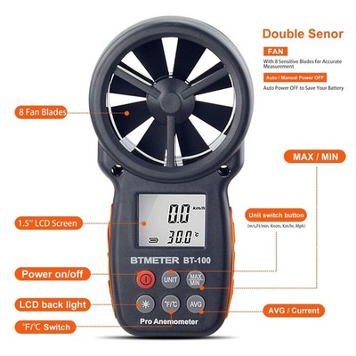 BTMETER BT-100 Handheld Digital Anemometer Wind Speed Meter 0.3~30m/s LCD Tester