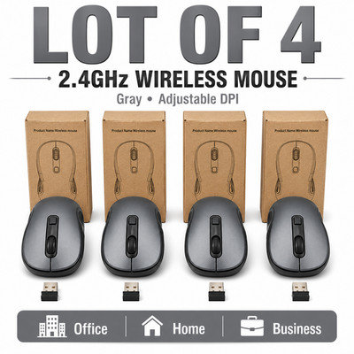 Lot of 4 Gray Wireless Mouse 2.4GHz USB 1600 DPI 6 Buttons PC Laptop Office
