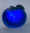 VINTAGE ~ BLENKO ~COBALT BLUE GLASS~ APPLE~PAPERWEIGHT~ GREEN STEM & LEAF~3" X3"