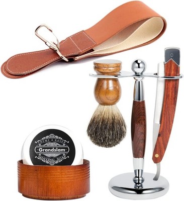 Men Straight Shaving Razor Badger Hair Brush Stand Holder 7 Piece Set, Brown 