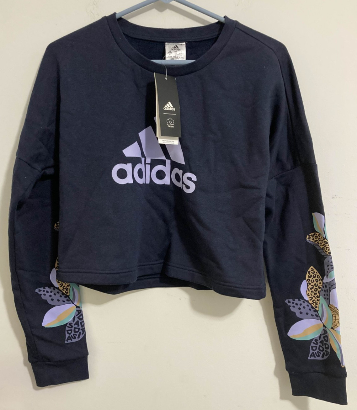NWT ADIDAS x FARM RIO Cropped Sweatshirt Navy Lavender Aqua Floral Sz XS. S6