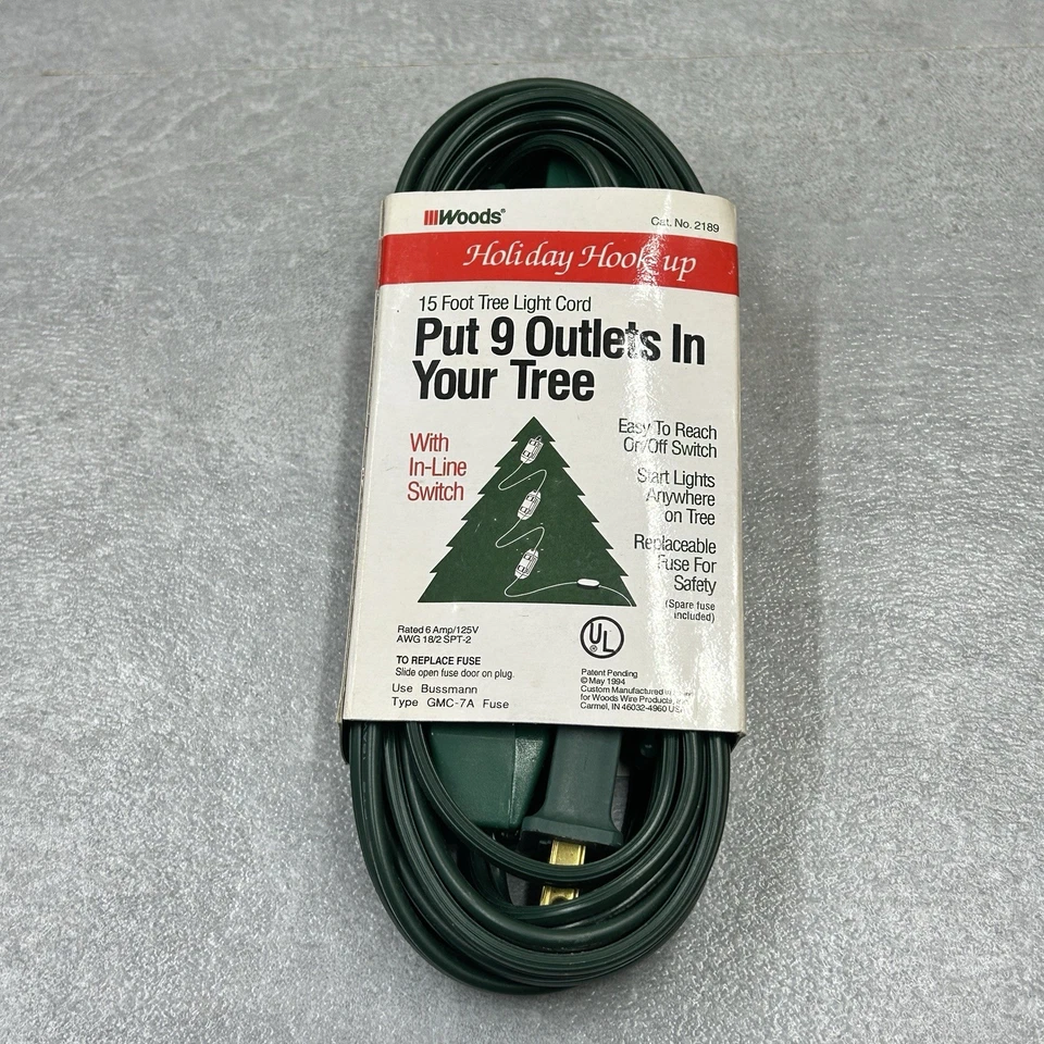 Woods Holiday Hook-Up 15 Foot Tree Light Cord, 9 Outlets, In-Line Switch, Green - Image 4 of 4