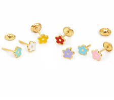 14k Yellow solid Gold Enamel Flower Screw Back Baby earrings seven colors