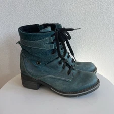Dromedaris Kara Combat Boots Lace Up Teal Distressed Leather 37  Women's 7