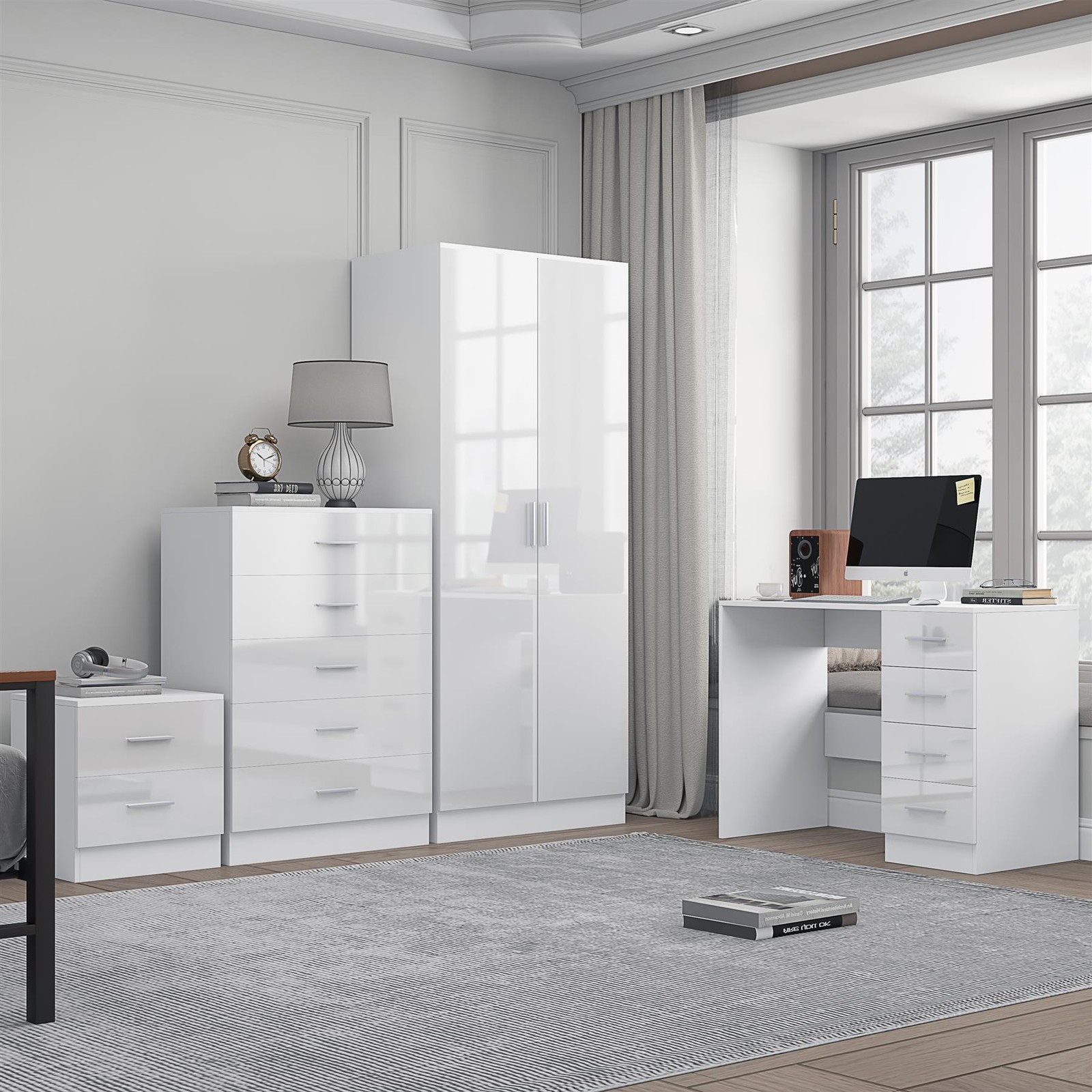 REFLECT 2dr Plain Wardrobe + Chest + Bedside + Desk - White/White - Image 3