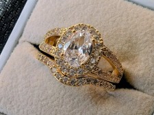 SALE 18K Gold Plated Oval CZ 2 Ring Set  Wedding Rings Set  Engagement Size 7