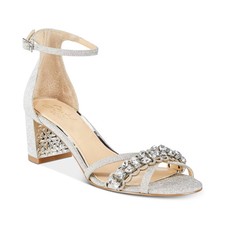 Jewel Badgley Mischka Giona Block Heel Evening Sandals Silver Glitter