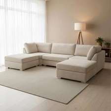 Modern U Shape Sofa – Jumbo Cord Corner Full Back Couch Foot Stool Large Suite