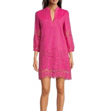J.McLaughlin Woven Eyelet Split V-Neck 3/4 Sleeve Pink Dress Size XS