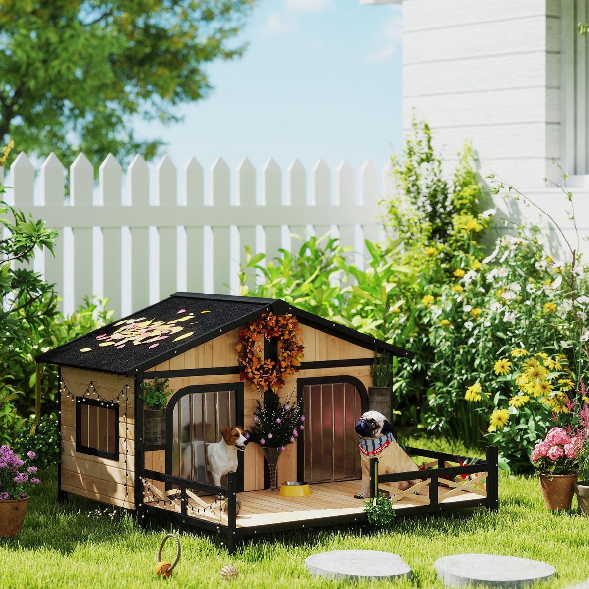 Wooden Elevated Backyard All Weather Rustic Log Cabin Pet Dog