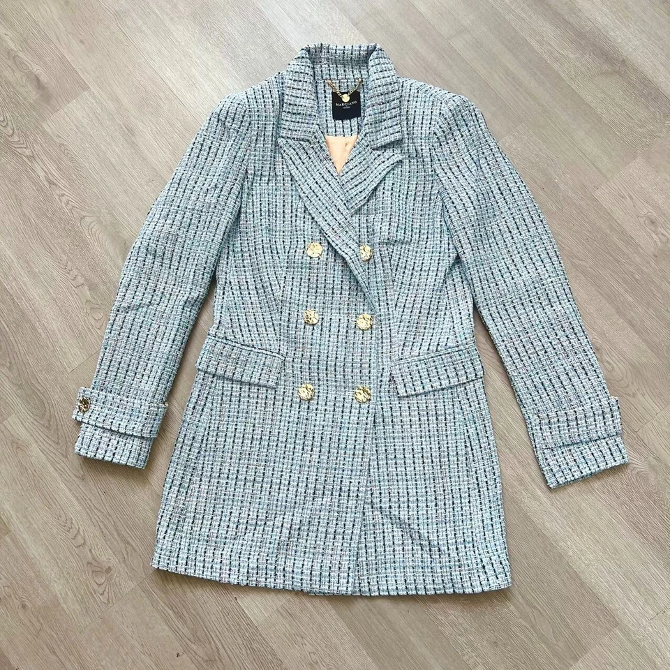 NWOT Marciano by Guess Women Tweed Double Breasted Blazer Coat Jacket Blue Sz S - Image 2 of 4