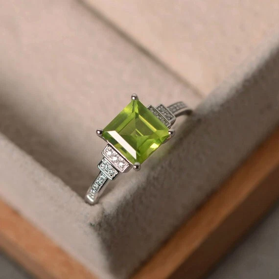 1.95 Ct Princess Cut Natural Peridot Diamond Wedding Ring 950 Platinum Size 6 7 Foto 2 de 4