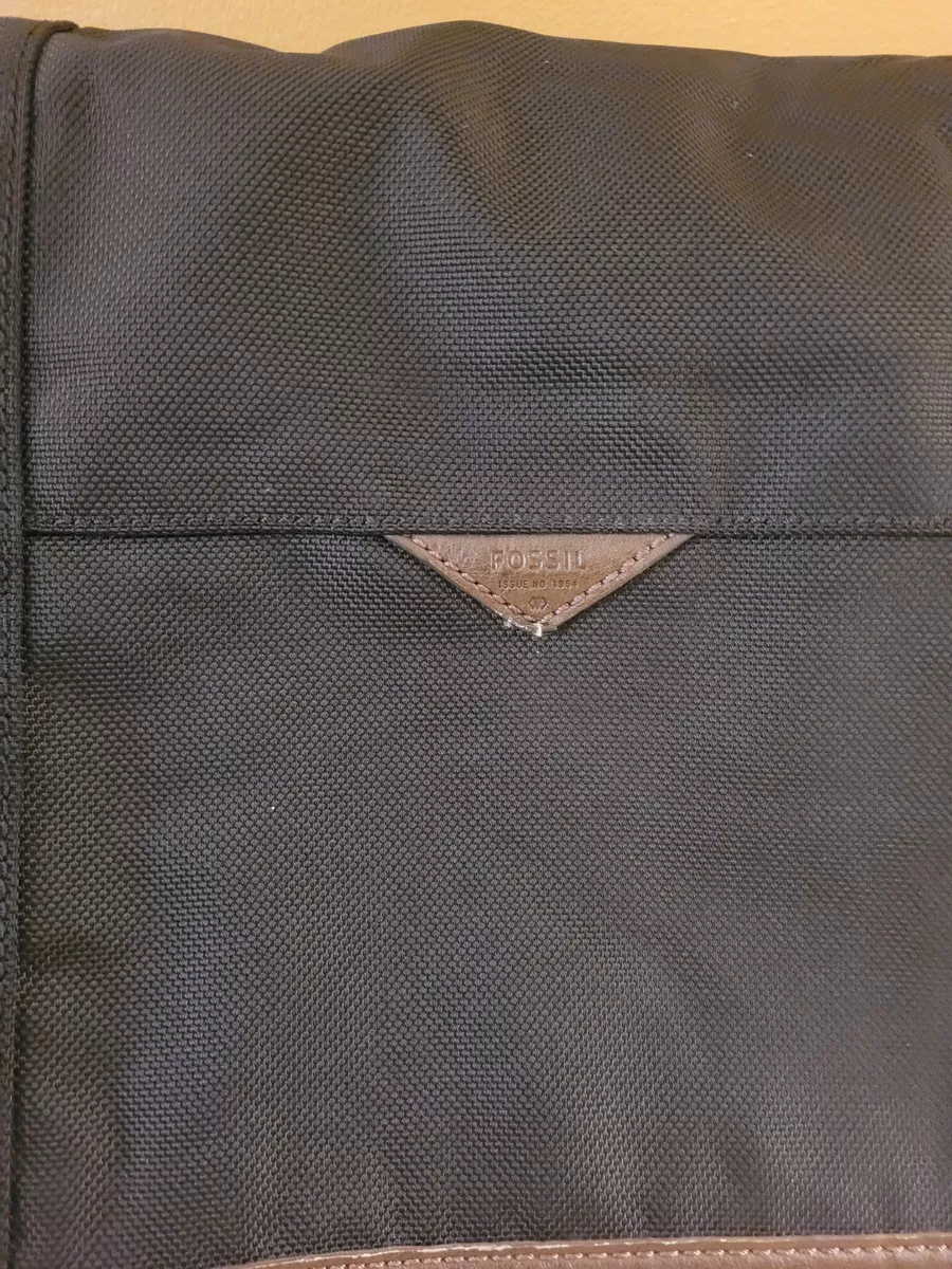 Fossil Large Black Mens Canvas Briefcase Laptop Work Bag Leather Trim Messenger