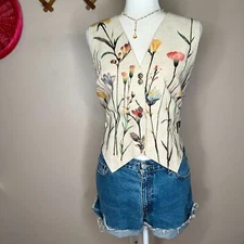 Vintage floral flax blend vest Tulip Carnation Watercolor