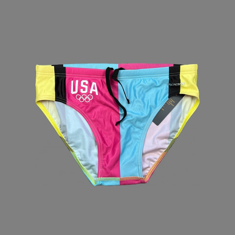 Equipo EE. UU. Estampado Personalizado Para Hombres Pop Splash Rosa Azul Rayas Calzoncillo de Natación Traje de Baño Foto 2 de 4