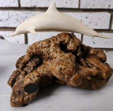 John Perry Figurine~Pellucida Resin White Dolphin Sculpture~Burl Wood Base~8"x6"