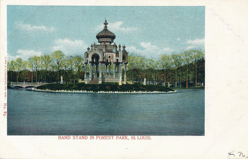 BAND STAND IN FOREST PARK, ST. LOUIS. MO. MISSOURI. LAKE VIEW. UDB. E. FREY PUB.